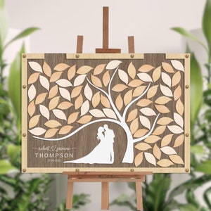 Personalisierter Hochzeits-Dropbox aus Holz und Acryl mit Blätterbaum und Paar-Silhouette, personalisiertes Gästebuch als Alternative, gleichgeschlechtliche Ehe, rustikales Dekor