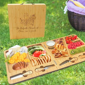 Personalised Bamboo Carry Cheese Board & Knife Set, Engraved Collapsible Travel Serve Tray, Folding Portable Picnic Charcuterie Platter Gift