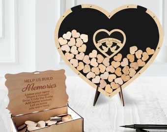 Caja de boda con forma de corazón de madera contrachapada cortada con láser hecha a medida, alternativa rústica personalizada al libro de visitas con nombre y fecha, decoración de mesa de papelería
