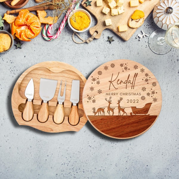 Christmas Personalised Round Wooden Cheese Board & Knife Travel Set, Engraved Custom Santa Charcuterie Platter, Xmas New Year Corporate Gift