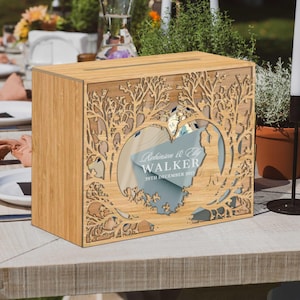 Caja y letrero de madera contrachapada acrílica personalizada para pareja bajo el árbol, con nombre personalizado, sobre para dinero, tarjeta de recuerdo de boda