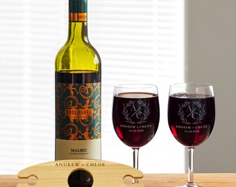Personalised 2 Wine Glasses & Bottle Holder Butler Caddy Set