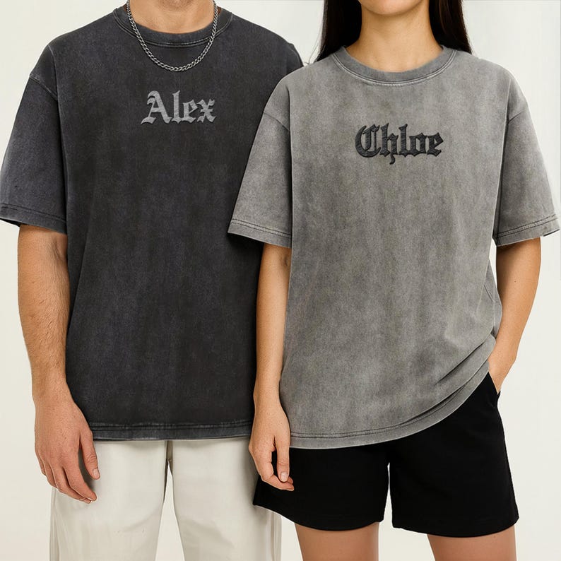 Custom Embroidered Unisex Stone Wash T-shirt, Personalised Crewneck Vintage Tee Friendship Couple Shirts Embroidery, Birthday Corporate Gift