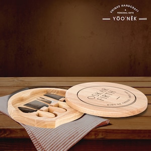 Personalised Round Wood Cheese Hinge Board & Knife Travel Set, Engraved Charcuterie Platter, Wedding Anniversary Corporate Housewarming Gift image 10