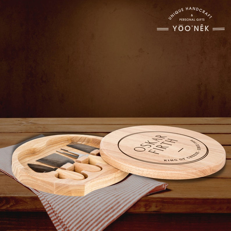 Personalised Round Wood Cheese Hinge Board & Knife Travel Set, Engraved Charcuterie Platter, Wedding Anniversary Corporate Housewarming Gift image 10