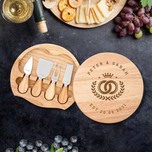 Personalised Round Wood Cheese Hinge Board & Knife Travel Set, Engraved Charcuterie Platter, Wedding Anniversary Corporate Housewarming Gift image 1