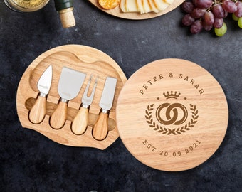 Personalised Round Wood Cheese Hinge Board & Knife Travel Set, Engraved Charcuterie Platter, Wedding Anniversary Corporate Housewarming Gift