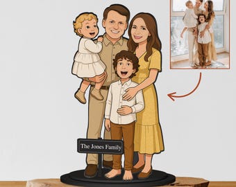 Personalised 3D Wooden Cartoon Family Figurine Display, Custom Print Photo Portrait Caricature Home Decor, Birthday, Anniversary, Xmas Gift