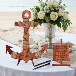 Custom Wooden Anchor Wedding Sign & Rope, Personalised Nautical Guest Book Alternative Welcome Navy Beach Signage Destination Decor Keepsake