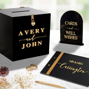 Juego de 3 paquetes de boda hechos a medida, caja de pozo de deseos negra acrílica personalizada, libro de visitas con memoria, tarjeta y regalos/letrero de mesa con foto del libro de visitas