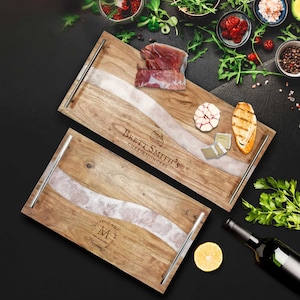 Personalised Acacia Wooden Resin Cheese Handle Tray, Custom Logo Engraved Serving Board, Charcuterie Platter, Corporate, Housewarming Gift