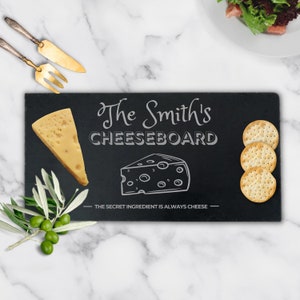 Puede incluir: Tabla de queso de pizarra negra con el texto "The Smith's Cheeseboard" y la frase "The secret ingredient is always cheese". La tabla tiene una cuña de queso y tres galletas.