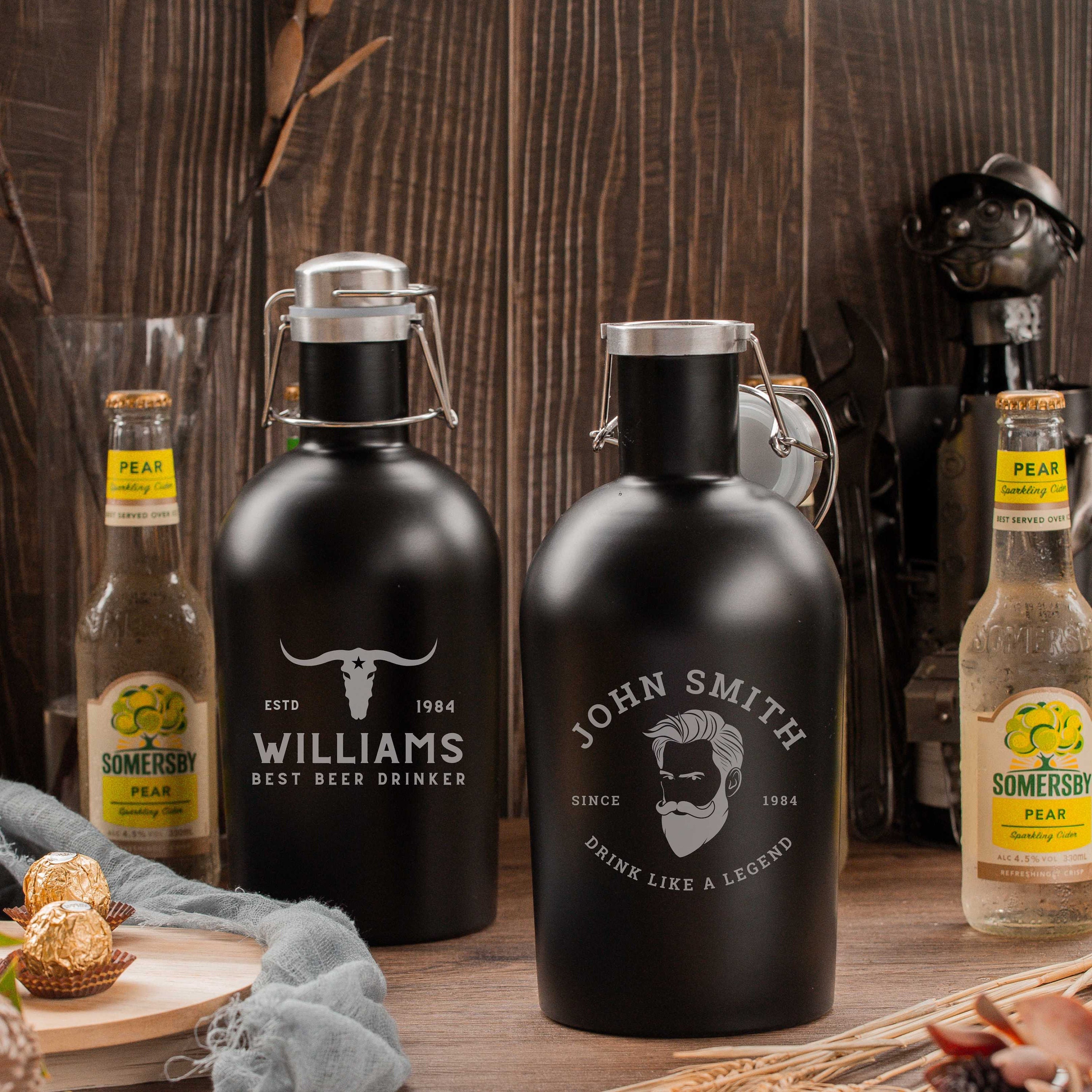 Personalised Engraved Stainless Steel Insulated Beer Growler, Laser Etching Custom Logo Travel Thermal Brew Tank, Fathers Day Groomsman Gift