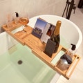 Personalised Bamboo Extendable Bath Caddy Tray, Engraved Adjustable Bathtub Storage Organiser Rack, Wine Glass Phone Tablet Ipad Book Holder
