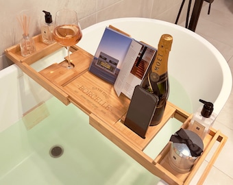 Personalised Bamboo Extendable Bath Caddy Tray, Engraved Adjustable Bathtub Storage Organiser Rack, Wine Glass Phone Tablet Ipad Book Holder