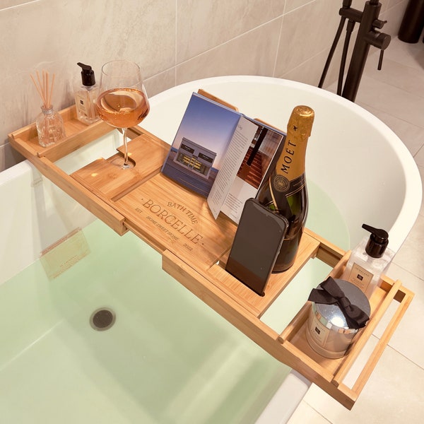 Personalised Bamboo Extendable Bath Caddy Tray, Engraved Adjustable Bathtub Storage Organiser Rack, Wine Glass Phone Tablet Ipad Book Holder