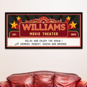 Personalised Family Name Home Cinema Pop Art Retro Sign, Custom Print Wood Frame Wall Decor Marquee Movie Theatre Signage, Housewarming Gift