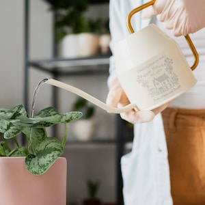 Op de afbeelding: Witte gieter met een gouden handvat en een gepersonaliseerd bericht met de tekst "Gefeliciteerd met je nieuwe huis Est. 2023 Van Olivia en Daniel". De gieter wordt gebruikt om een ​​groene plant met witte vlekken te besproeien.