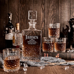 Engraved Carving Whiskey Decanter Set & 4 Scotch Glasses, Personalised Custom Monogram Initial Carafe, Tumbler, Housewarming