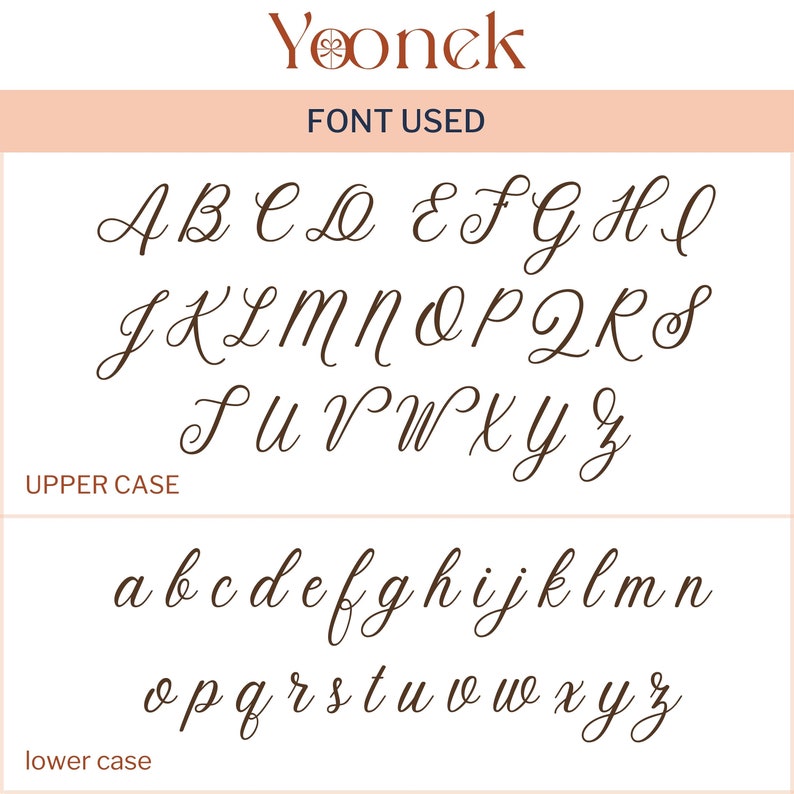 May include: A font alphabet chart showing uppercase and lowercase letters in a cursive script style. The letters are brown and the background is white.