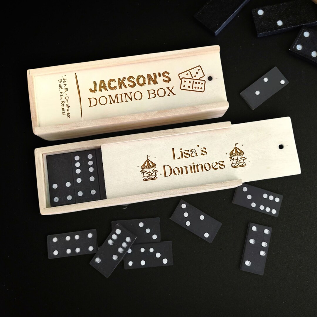 Personalised Wooden Domino Box, Custom Engraved Dice & Tile Board Game