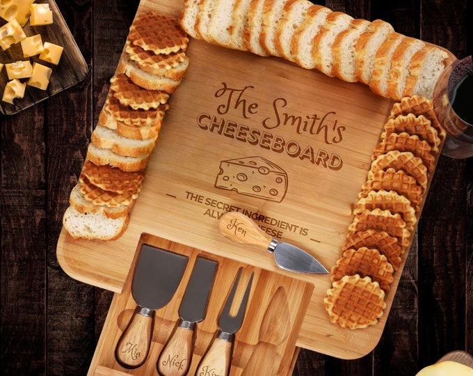 Personalised Bamboo Square Cheese Board Pull Out Knife Set, Engraved Serve Tray, Charcuterie Platter, Wedding Anniversary, Housewarming Gift