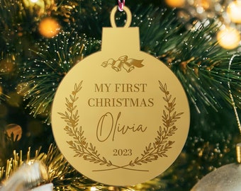 Personalised Acrylic Wooden Christmas Tree Ornament, Engraved Custom Name Mr&Mrs First Xmas New Home, Married, Engaged Bauble, Tree Gift Tag