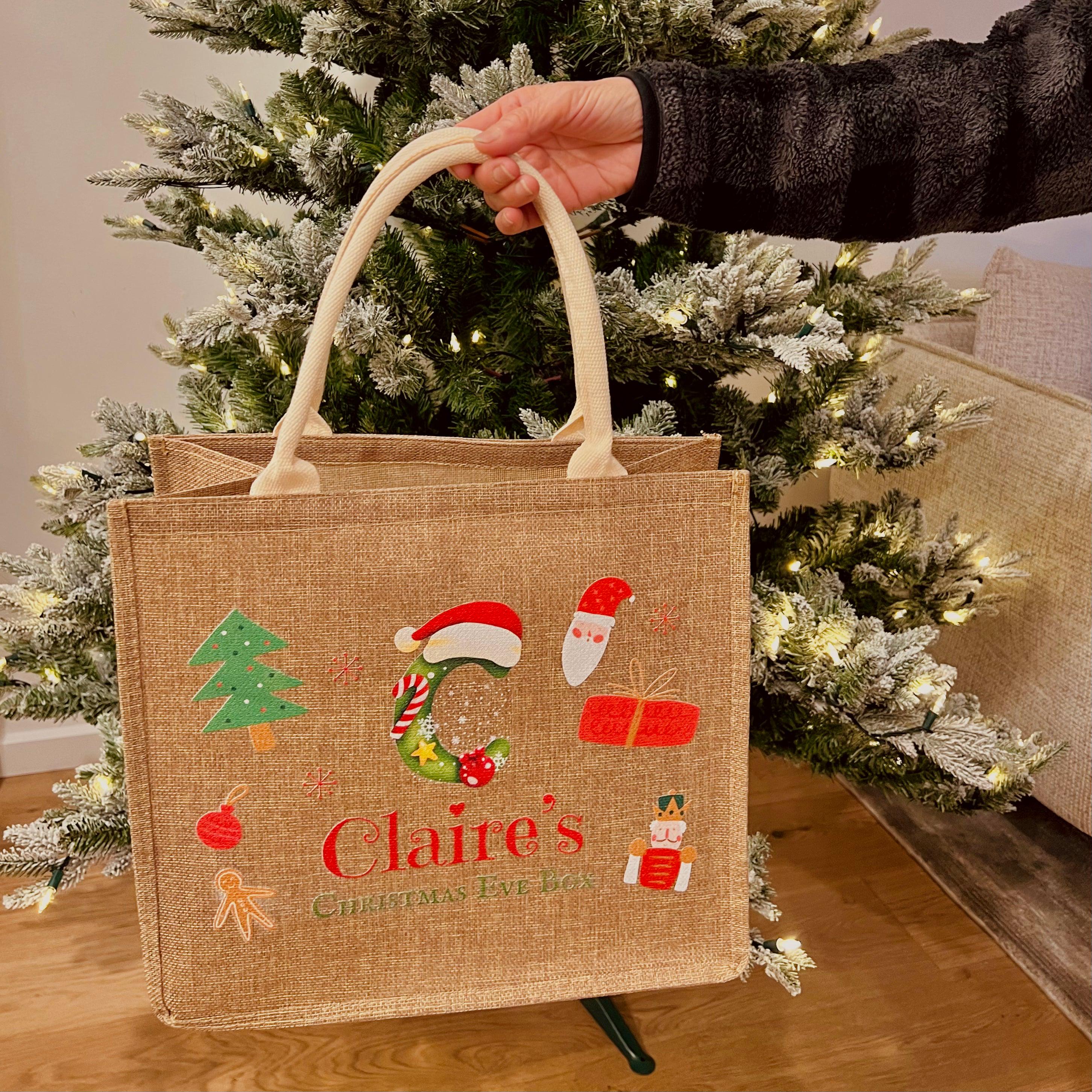 Personalised Christmas Eve Jute Bag, Customised Merry Xmas Stamp Presents Burlap Tote Bag, Kid Family Santa North Pole Delivery Gift Storage