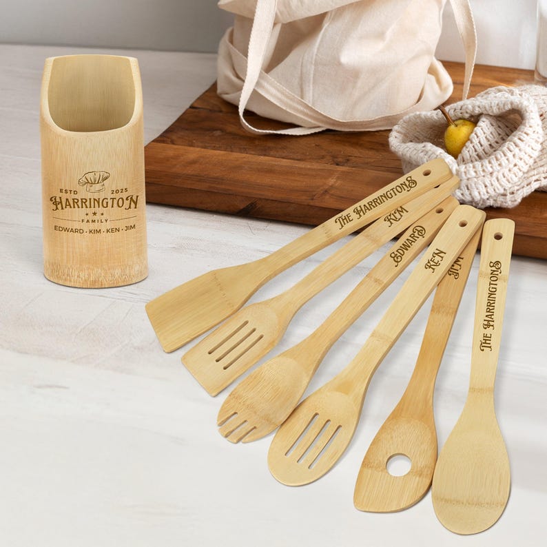 Custom Utensils Personalised Bamboo 6 Cooking Utensils & Holder Set, Custom Engraved ...