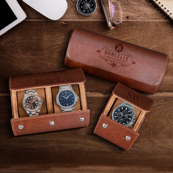 Personalised Tan Leatherette Watch Case Box, Custom Engraved Travel Watches Roll Slot Display Storage, Groomsman Dad Mom Birthday Xmas Gift
