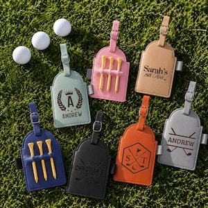 Personalised Golf Tee Holder Bag Tag, Custom Engraved Leatherette Golf Accessory, Groomsmen, Dad, Wedding, Xmas Business Logo Corporate Gift