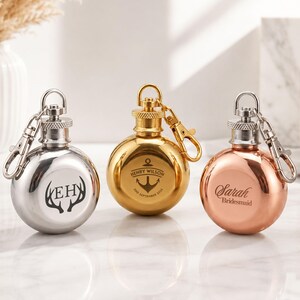 Personalised Mini 1oz Round Hip Flask, Custom Engraved Stainless Steel Keyring, Bridesmaid, Groomsman Wedding Favours, Party/ Corporate Gift