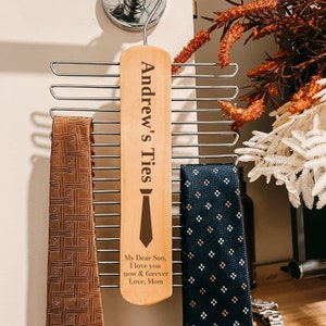 Personalised Wooden Tie & Belt Hanger,  Custom Laser Engraved Wardrobe Organiser, Gift for Dad/ Teacher/ Grandpa/ Him Groomsman Father&#39;s Day