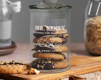 Bocal en verre vintage personnalisé et couvercle à bouton, gâterie antique gravée sur mesure, rangement en verre pour collation, boîte de sucettes à biscuits, enseignant, cadeau de Noël pour maman