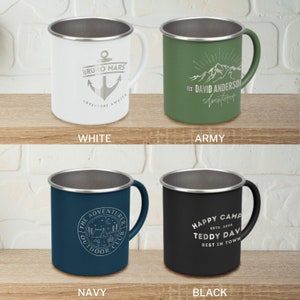 Engraved 350ml Stainless Steel Enamel Camping Coffee Cup, Custom Logo Etching Adventure, Picnic, Hiking Mug, Personalised Travel Tumbler, Gift for Mom, Dad, Him