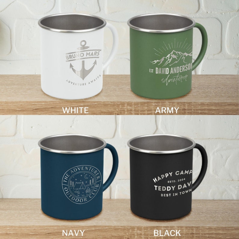 Engraved 350ml Stainless Steel Enamel Camping Coffee Cup, Custom Logo Etching Adventure, Picnic, Hiking Mug, Personalised Travel Tumbler, Gift for Mom, Dad, Him