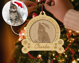 Personalised Double Layer Pet Photo Wooden Bauble, Engraved Custom Dog Name First Christmas Memorial Xmas Tree Ornament Decor Cat Lover Gift