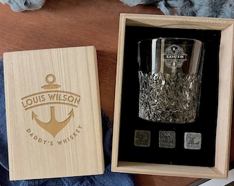 Personalised Wooden Whiskey Gift Box, Diamond Pattern Glass, Ice Stones Coaster, Custom Engraved Barware Set, Groomsman, Dad, Corporate Gift