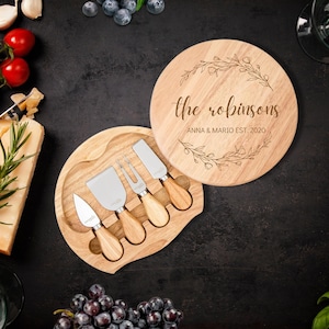 Personalised Round Wood Cheese Hinge Board & Knife Travel Set, Engraved Charcuterie Platter, Wedding Anniversary Corporate Housewarming Gift image 7