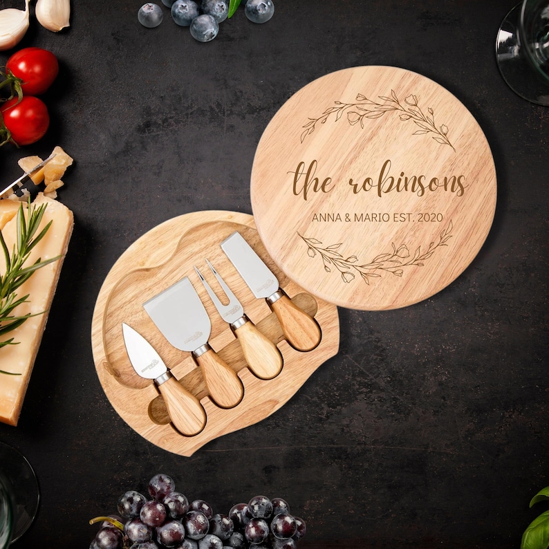 Personalised Round Wood Cheese Hinge Board & Knife Travel Set, Engraved Charcuterie Platter, Wedding Anniversary Corporate Housewarming Gift image 7
