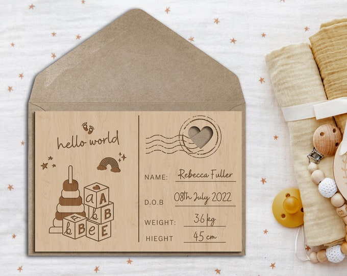 Personalised Wooden Birth Announcement Postcard, Engraved Name, Message Introducing New Baby Arrival & Display Stand, Newborn Keepsake Gift