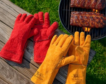 Personalisierte lange Leder BBQ Grill Handschuhe, individuell gravierte feuer- und hitzebeständige Raucher, Herd, Ofen, Kamin Schutzhandschuhe, Papa Geschenk