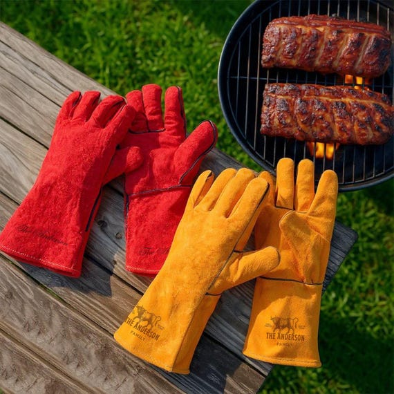 Personalised Long Leather BBQ Grill Gloves, Custom Engraved Fire