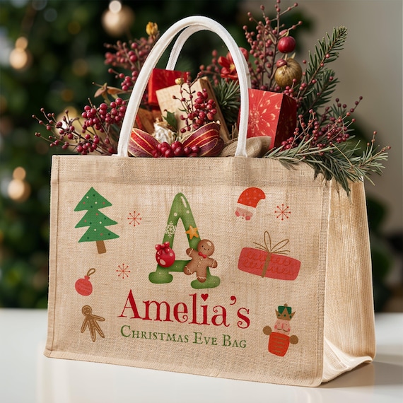 Personalised Christmas Eve Jute Bag Customised Merry Xmas Stamp Presents Burlap Tote Bag Kid Family Santa North Pole Delivery Gift Storage Etsy UK