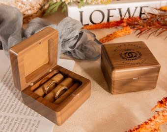 Caja de anillo de doble ranura de compromiso de madera personalizada, almacenamiento de soporte de nuez de portador de almohada de boda de propuesta grabada personalizada, regalo de aniversario