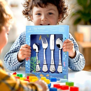 Custom Engraved Kid&#39;s Cutlery 4 Piece Set, Personalised Children Name Spoons, Fork, Knife/ Daycare Dining Tools, First Birthday Baptism Gift