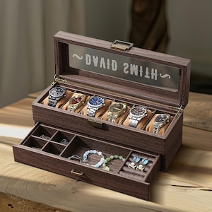 Caja organizadora de almacenamiento de joyas para hombre con dos cajones de cuero personalizado, 6 ranuras para relojes y accesorios, estuche de exhibición, regalo de Navidad para papá