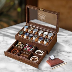 Gepersonaliseerde twee lades leer 12 horlogevakken en accessoires displaydoos, op maat gegraveerde heren sieraden opberger, opbergdoosje, kerstcadeau vader