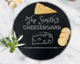 Personalised Round Slate Serving Cheese Board, Custom Engraved Charcuterie Platter Placemat, Wedding Anniversary Corporate Housewarming Gift