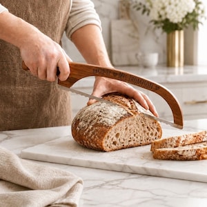 Pode incluir: Uma faca de pão de madeira com cabo curvo apresentando o texto gravado "BAKED BY MRS THOMPSON" e um símbolo de coração. A lâmina de metal serrilhada corta um pão de massa fermentada redondo sobre uma tábua de mármore branco.